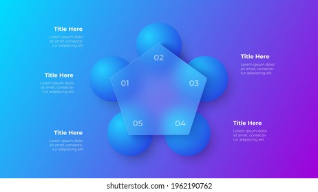 Glassmorphism pentagon infographic concept with 3d geometric shapes. Frosted glass effect. Illustration on blurred gradient vector background.