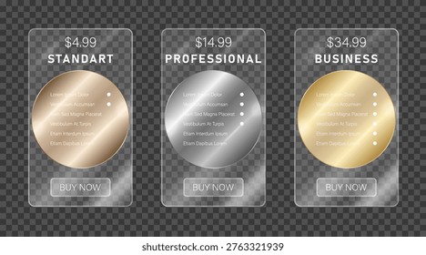 Glassmorphism pricing table with metal circles. Glossy transparent web banners for subscription plans standard, professional, business. Modern frosted glass layout for landing page, mobile app, SaaS, membership levels, and product comparison tables.