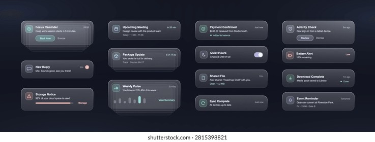 Glassmorphism push notifications for mobile phone, featuring matte, transparent cards with reminders, messages, appointments, payments, deliveries, alerts. Vector glassmorphism push notifications