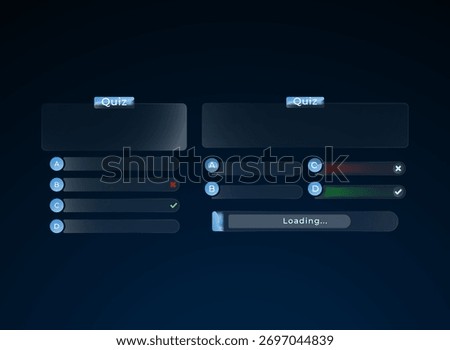 Glassmorphism quiz interface UI pack with glowing blue transparent buttons, multiple choice answers, and progress bar for modern app or game design.
