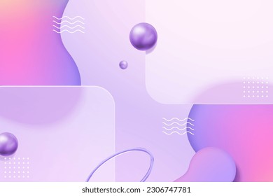 Placas rectangulares de gazmorfismo, objetos de forma geométrica y efecto del fluido gradiente sobre el fondo púrpura claro.