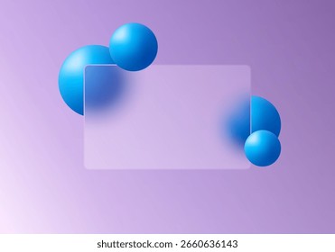 Anuncio rectangular del glassmorphism con las esferas azules en fondo púrpura del gradiente
