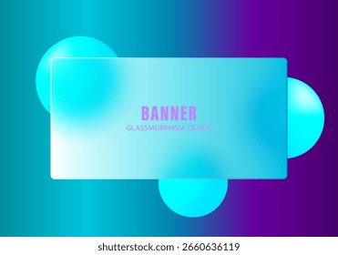 Anuncio rectangular de morfismo de vidrio con esferas azules brillantes sobre fondo degradado de turquesa a púrpura