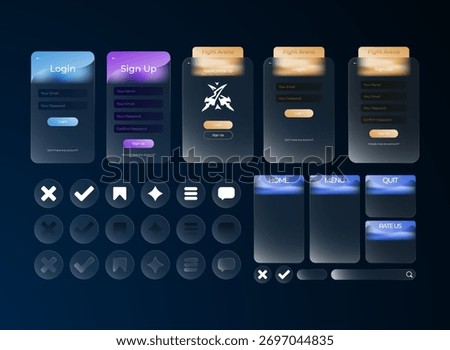 Glassmorphism RPG UI design pack with login screen, sign up, buttons, and navigation icons in blue and orange gradient for mobile game interface.