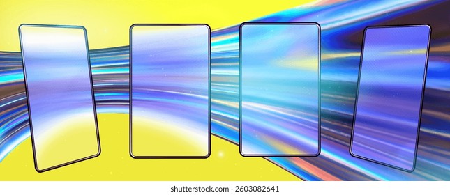 Glassmorphism screen smartphone. Transparent matt glass plates on the holographic blue texture. Smartphones on the modern tech yellow abstract background
