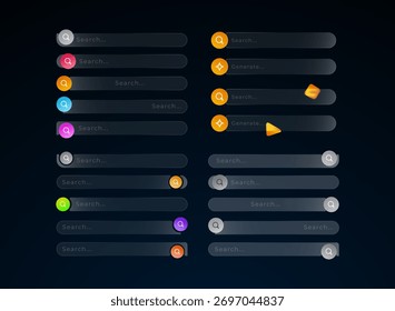 Glassmorphism Suche und generieren Bar UI-Elemente mit leuchtenden bunten Tasten und transparenten Feldern für moderne Web- oder App-Interface-Design.