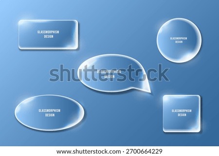 Glassmorphism shapes with smooth glossy edges on blue background. Modern glass UI elements rectangle, oval, circle, square and speech bubble design