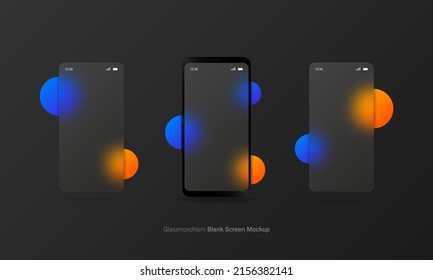 Glassmorphism smartphone blank screen, transparent glass plates with mobile app ui. Frosted glass phone screen with blurred abstract shapes. Vector EPS 10