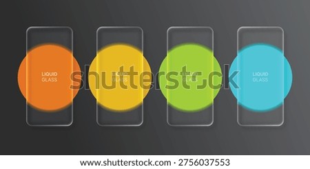 Glassmorphism Smartphone Screen Set. Transparent Liquid Glass UI Panels with Orange, Yellow, Green and Blue Gradient Circles Vector Illustration