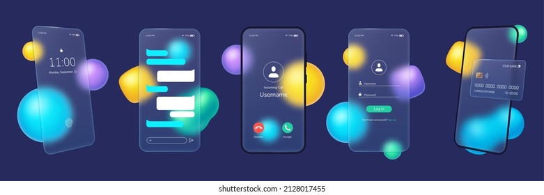 Glassmorphism smartphone, transparent glass plates with mobile app ui. Frosted glass phone screen with blurred abstract shapes vector set. Illustration of glassmorphism smartphone - Shutterstock ID 2128017455