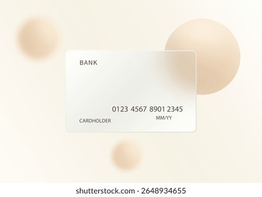 Glassmorphism style bank card mockup with floating beige spheres on light background.