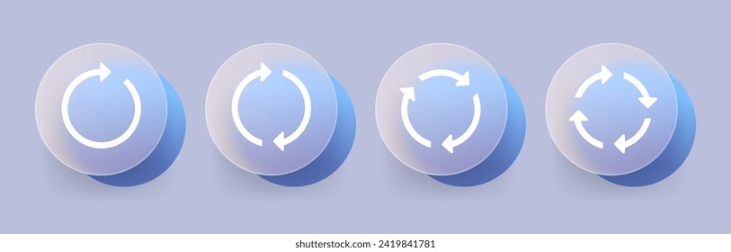 Glassmorphism style circle arrows icon set. Glass transparent round reload sign vector illustration