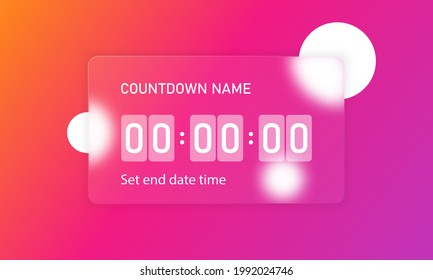 Glassmorphism style. Countdown timer counter icon. Remaining countdown concept. Realistic glass morphism effect with set of transparent glass plates. Vector illustration.