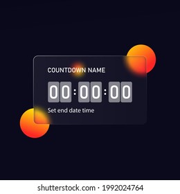 Glassmorphism style. Countdown timer counter icon. Remaining countdown. Realistic glass morphism effect with set of transparent glass plates. Vector illustration.