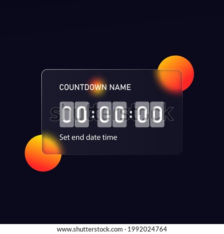 Glassmorphism style. Countdown timer counter icon. Remaining countdown. Realistic glass morphism effect with set of transparent glass plates. Vector illustration.