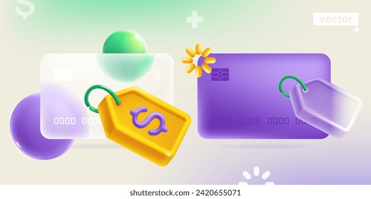 Glassmorphism style credit card template with realistic 3D Sale label tag with dollar symbol, ribbon, loading icon and sphere. Cartoon style discount kit. Special offer template. Vector illustration.