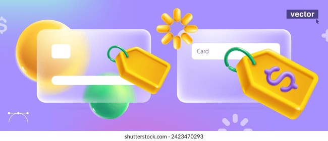 Glassmorphism style credit card template with realistic 3D Sale label tag with dollar symbol, ribbon, loading icon and sphere. Cartoon style discount kit. Special offer template. Vector illustration.