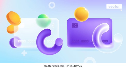 Glassmorphism style credit card template with realistic 3D loading indicator in volume semicircle line, flying golden coins and spheres. Cartoon style discount kit. Vector special offer template.