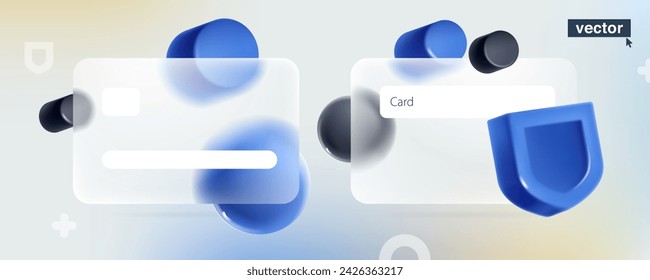 Glassmorphism style credit card template with realistic 3D blue security shield. Realistic 3D render in plastic cartoon style. Vector for online banking payment, antivirus protection, online safety.