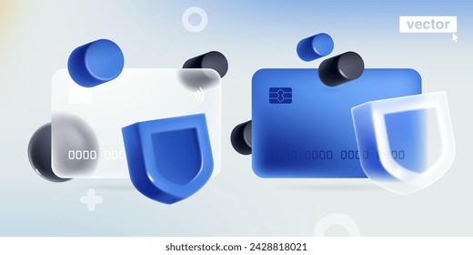 Glassmorphism style credit card template with realistic 3D blue security shield. Realistic 3D render in plastic cartoon style. Vector for online banking payment, antivirus protection, online safety.