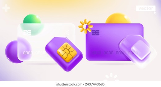 Glassmorphism style credit card template with realistic 3D mobile phone SIM card with golden chip. Isometric render in plastic cartoon style. Vector for online banking payment, wireless network.