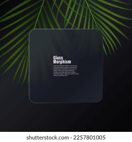 Glassmorphism style. Empty sale banner. Realistic glass morphism effect with green tree leaves.