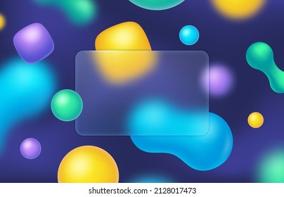 Glassmorphism style frame with colorful abstract background. Transparent frosted glass plate with blurred shapes vector illustration. Transparent blurred shape poster