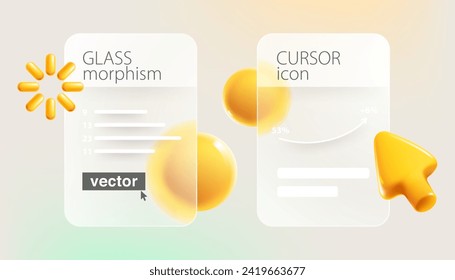 Glassmorphism style infographics charts concept with realistic 3D cursor and spheres. Transparent plastic chart frames template. Arrow icon glass overlay effect. Vector illustration in cartoon style.