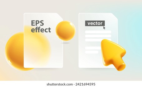 Diseño de gráficos de infografías de estilo glasmorfista con cursores y esferas 3D realistas. Plantilla de marcos de gráficos plásticos transparentes. Efecto superpuesto de la luna de icono de flecha. Ilustración vectorial al estilo de las caricaturas.