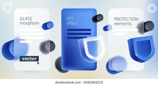 Glassmorphism style infographics screens with blue security shield. Realistic 3D render in plastic cartoon style. Vector for defense app, antivirus protection, privacy banner, online safety password.