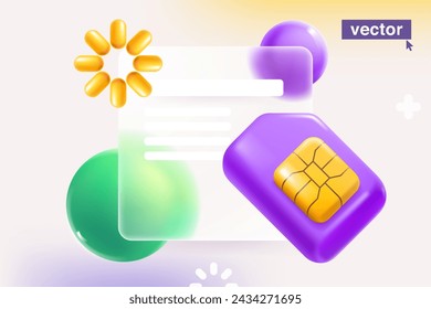 Glassmorphism style infographics screens with mobile phone SIM card with golden chip. Realistic 3D plastic cartoon render. Vector for online telecom app, NFC payment password, wireless network.