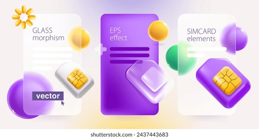 Glassmorphism style infographics screens with mobile phone SIM card with golden chip. Realistic 3D plastic cartoon render. Vector for online telecom app, NFC payment password, wireless network.