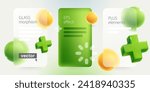 Glassmorphism style infographics screens with realistic 3D green add, plus, medical cross, loading icon and spheres. Transparent plastic chart frames. Glass overlay effect. Vector cartoon illustration