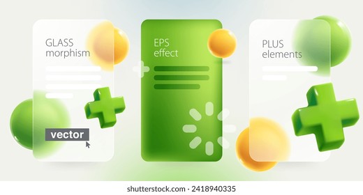 Glassmorphism style infographics screens with realistic 3D green add, plus, medical cross, loading icon and spheres. Transparent plastic chart frames. Glass overlay effect. Vector cartoon illustration