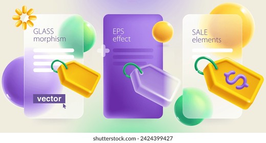 Glassmorphism style infographics screens with realistic 3D Sale label tag with dollar symbol, ribbon, loading icon and spheres. Cartoon style discount kit. Special offer template. Transparent vector.