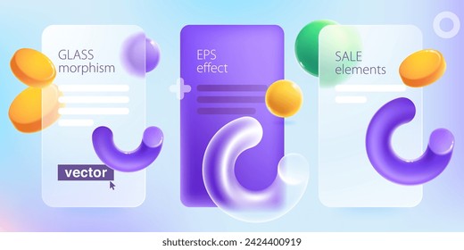 Pantallas de infografía de estilo de morfismo de vidrio con indicador de carga 3D realista en línea de semicírculo de volumen, monedas de oro voladoras y esferas. Marcos de plástico transparente para cartas. Efecto de superposición de cristal.