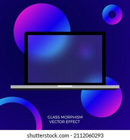Glassmorphism style. Laptop template UI UX design. Notebook icon. Realistic glass morphism effect with set of transparent glass plates. trend style. Circle shape on the background.