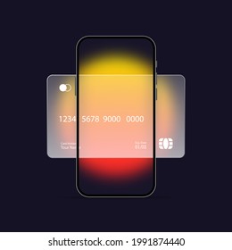 Glassmorphism style. Phone with credit card icon. Cashless payment. Realistic glass morphism effect with set of transparent glass plates. Vector illustration.