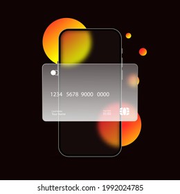 Glassmorphism style. Phone with credit card icon. Cashless payment. Realistic glass morphism effect with set of transparent glass plates. Vector illustration.