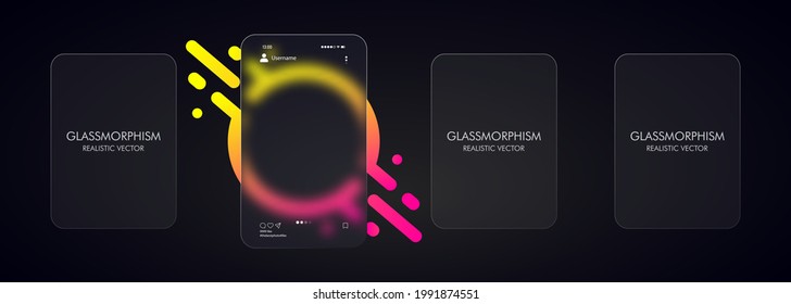 Glassmorphism style. Photo carousel blank template. Social media concept. Realistic glass morphism effect with set of transparent glass plates. Vector illustration.