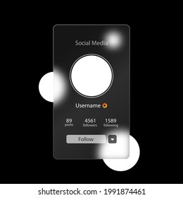 Estilo de glasmorfismo. Página de previsualización de medios sociales. Información de perfil de Internet. Botón Seguir. Fotos en broma. Efecto morfismo de vidrio realista con un conjunto de placas de vidrio transparentes. Ilustración vectorial.