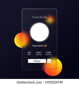 Glassmorphism style. Social media preview page. Internet profile information. Follow button. Photo mockup. Realistic glass morphism effect with set of transparent glass plates. Vector illustration.