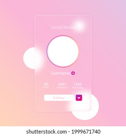 Glassmorphism style. Social media preview page. Internet profile information. Follow button. Photo mockup. Realistic glass morphism effect with set of transparent glass plates. Vector illustration.