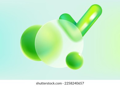 Estilo de Glassmorphismo círculo transparente e icono de marca de verificación con esfera verde. 3d logotipo de garrapatas aisladas. Efecto ecológicos del vidrio esmerilado. Ilustración sobre el fondo vectorial borroso.