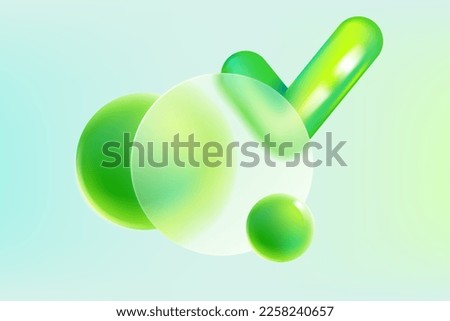 Glassmorphism style transparent circle and checkmark icon with green sphere. 3d isolated tick logo. Eco-friendly frosted glass effect. Illustration on blurred vector background.
