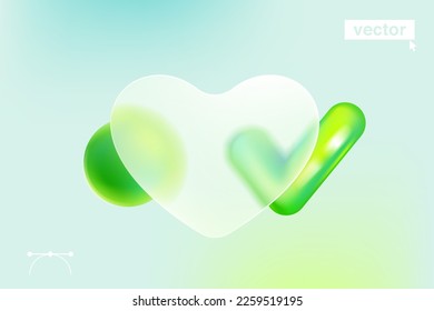 Glassmorphism style transparent heart and checkmark icon with green sphere. 3d isolated tick logo. Eco-friendly frosted glass effect. Illustration on blurred vector background.