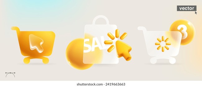 Glassmorphism style transparent shopping cart, package with realistic 3D arrow, cursor, and spheres. Transparent glass with blur effect. Vector template for shop payment, sale, advertising, receipt.