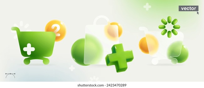 Glassmorphism style transparent shopping cart and package. Realistic 3D green add, plus, medical cross, loading icon and sphere in glassmorphism style. Cartoon render vector illustration.