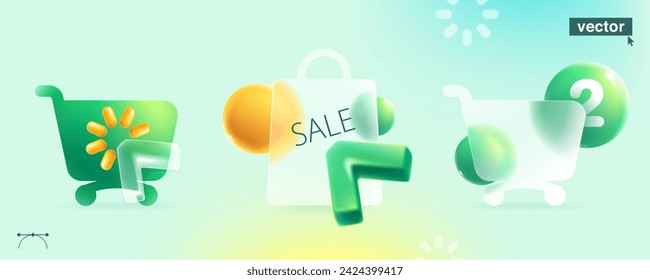 Glassmorphism style transparent shopping cart, package with realistic 3D triangle arrow, cursor, and spheres. Transparent glass with blur effect. Vector template for shop payment, sale, advertising.