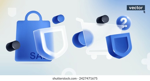 Glassmorphism style transparent shopping cart and package. Blue security shield. Realistic 3D render in plastic cartoon style. Vector for online defense app, special offer template, privacy discount.